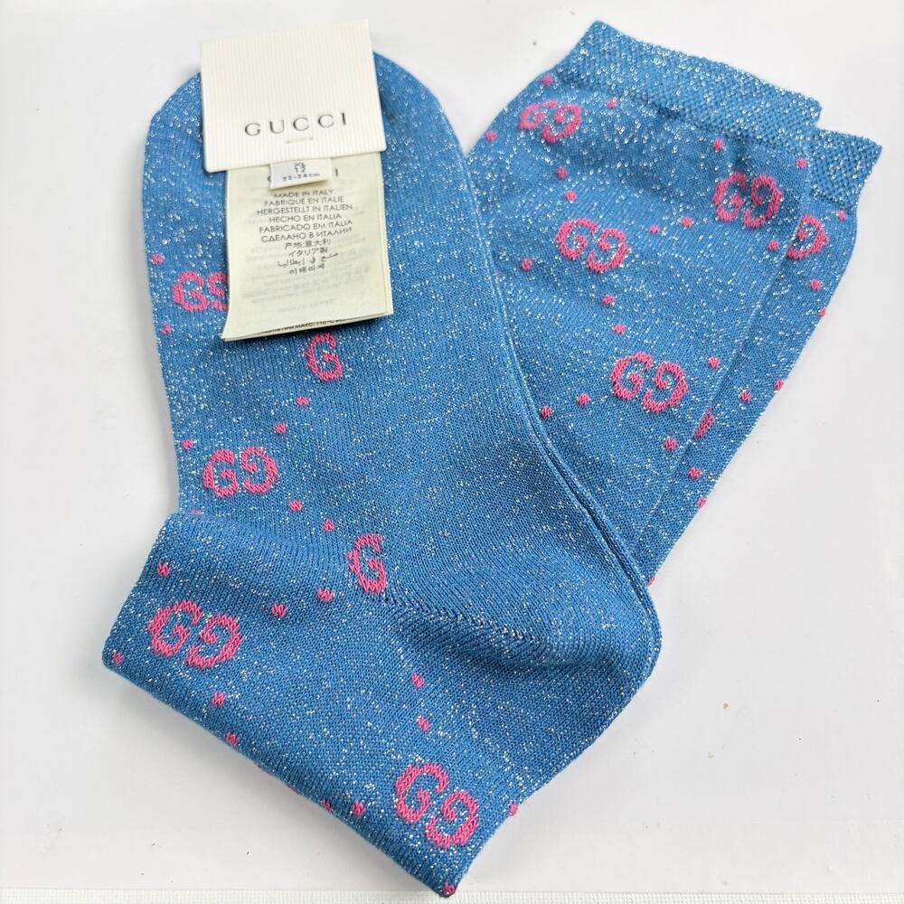 Gucci Blue Pink GG Logo Lurex Socks Size XL New With Tags Authentic Unisex